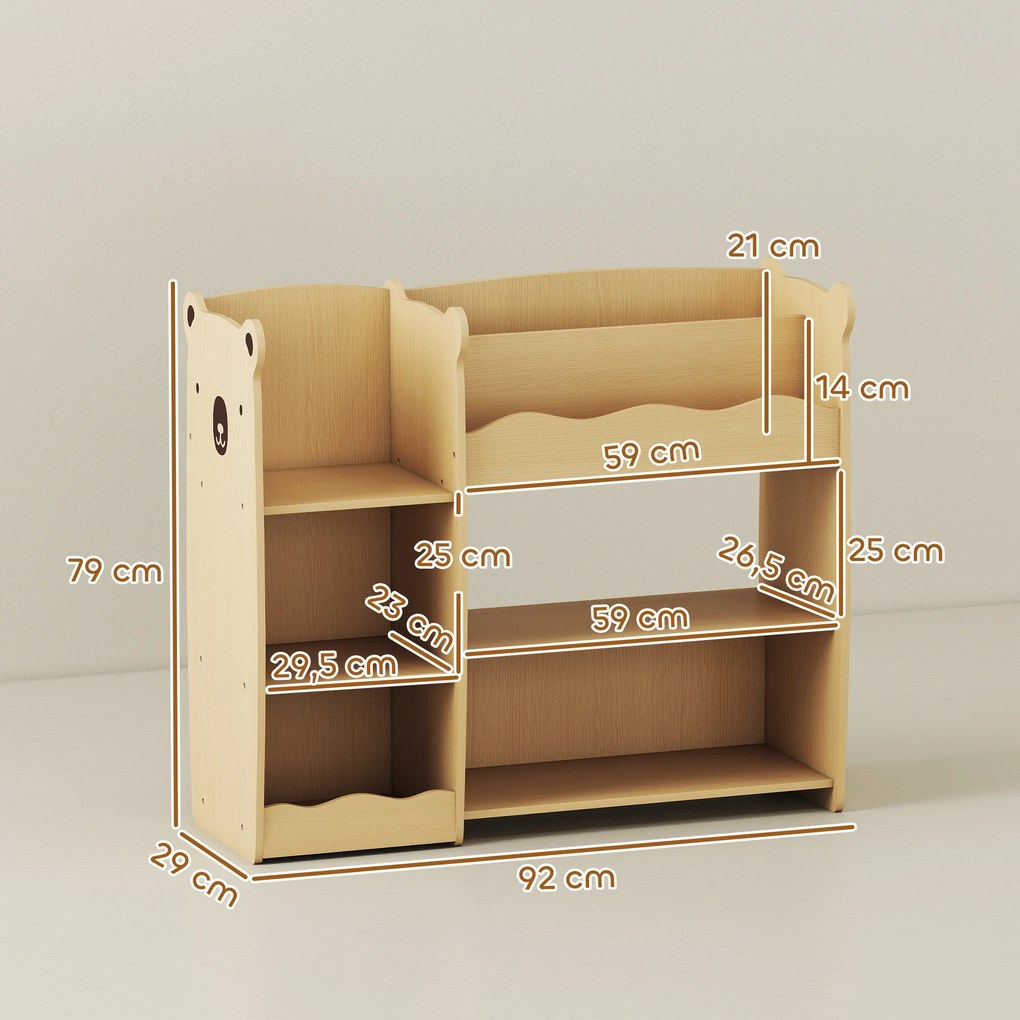 Móvel de arrumação infantil de 3 níveis 92 x 29 x 79 cm, estante para brinquedos com prateleiras abertas, natural