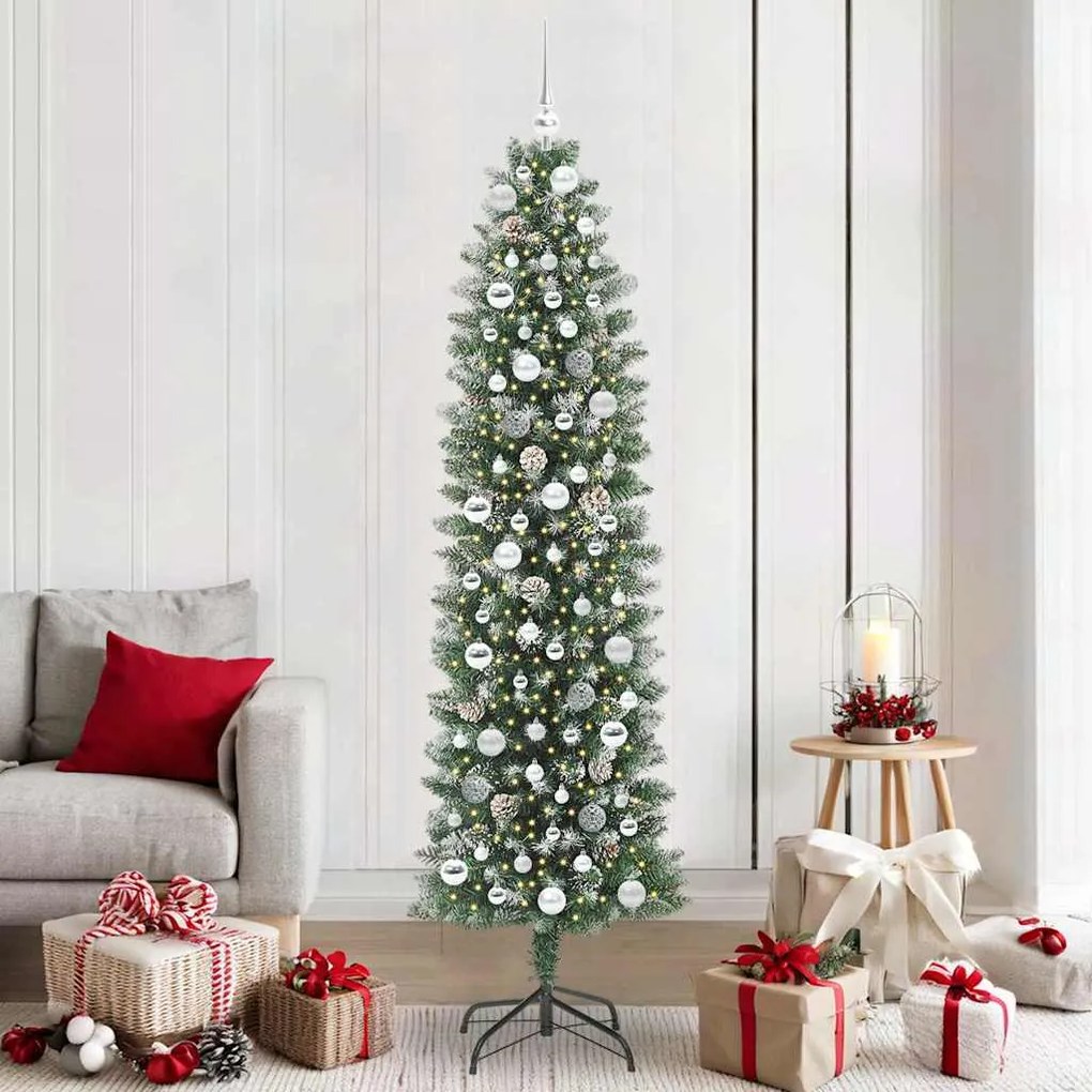 vidaXL Árvore Slim de Natal Artificial Verde e Branco 210 cm