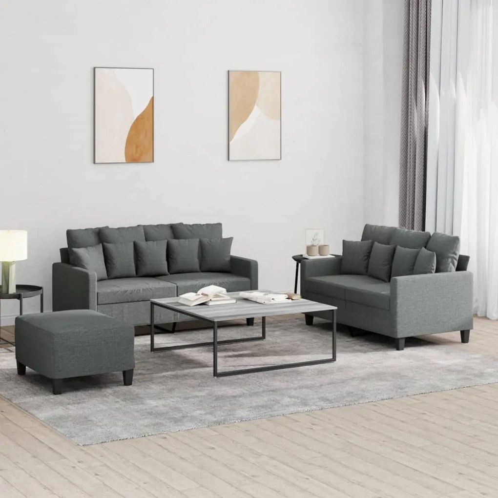 vidaXL 3 pcs conjunto de sofás com almofadões tecido cinzento-escuro