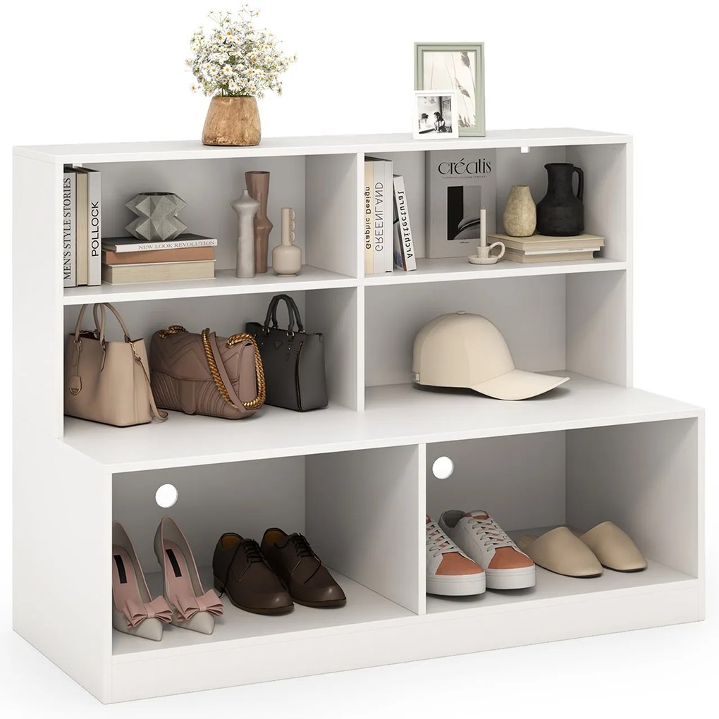 Estante com 5 compartimentos abertos e armário de armazenamento com portas duplas - Branco