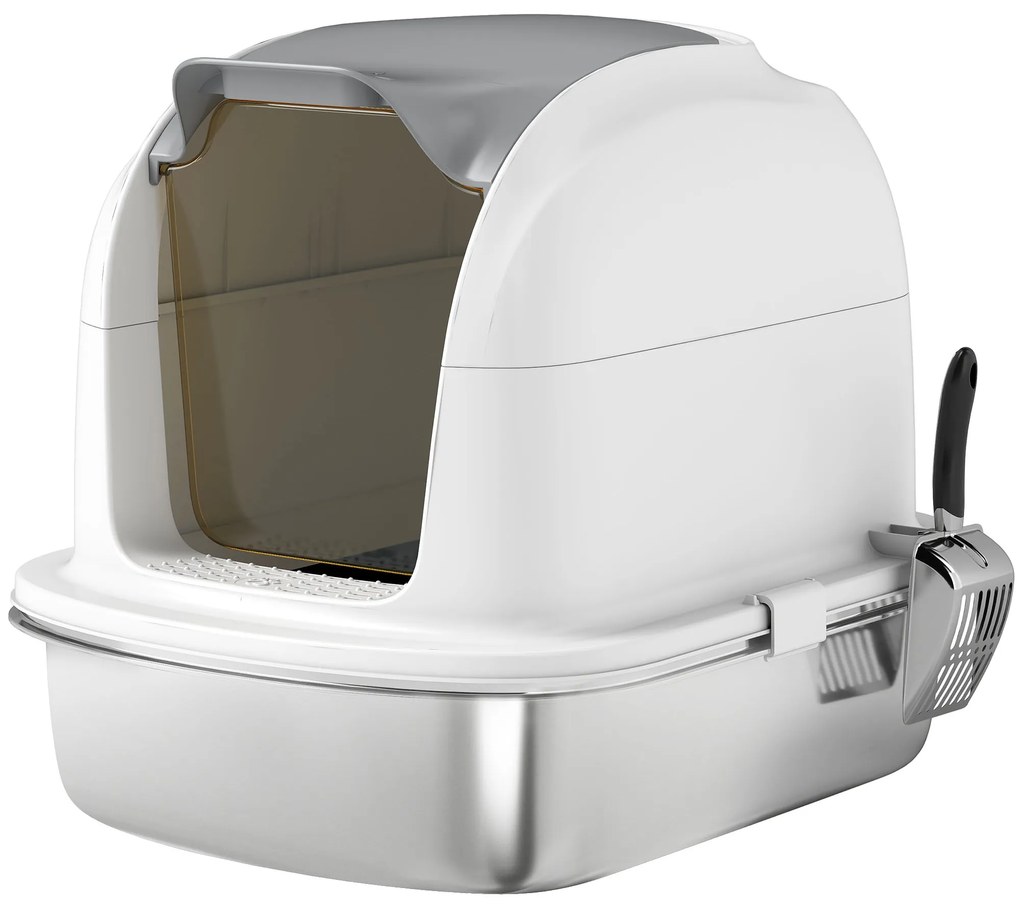 PawHut Caixa de Areia para Gatos em Aço Inoxidável XL com Tampa Abatível Laterais Altas Entrada Superior e Pá 52,4x41,3x42 cm Branco | Aosom Portugal