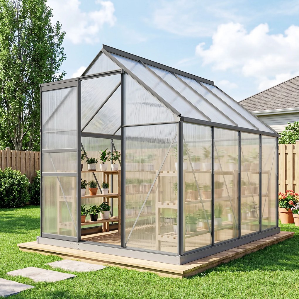 Estufa de jardim em policarbonato 1,9 x 2,53 x 1,99 m com 4,8 m², com fundações, claraboia ajustável e porta de correr transparente