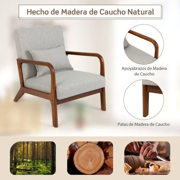 Poltrona Moderna com Estrutura em Madeira de Borracha Almofada Lombar Encosto Antiderrapante Almofadas Cinzenta