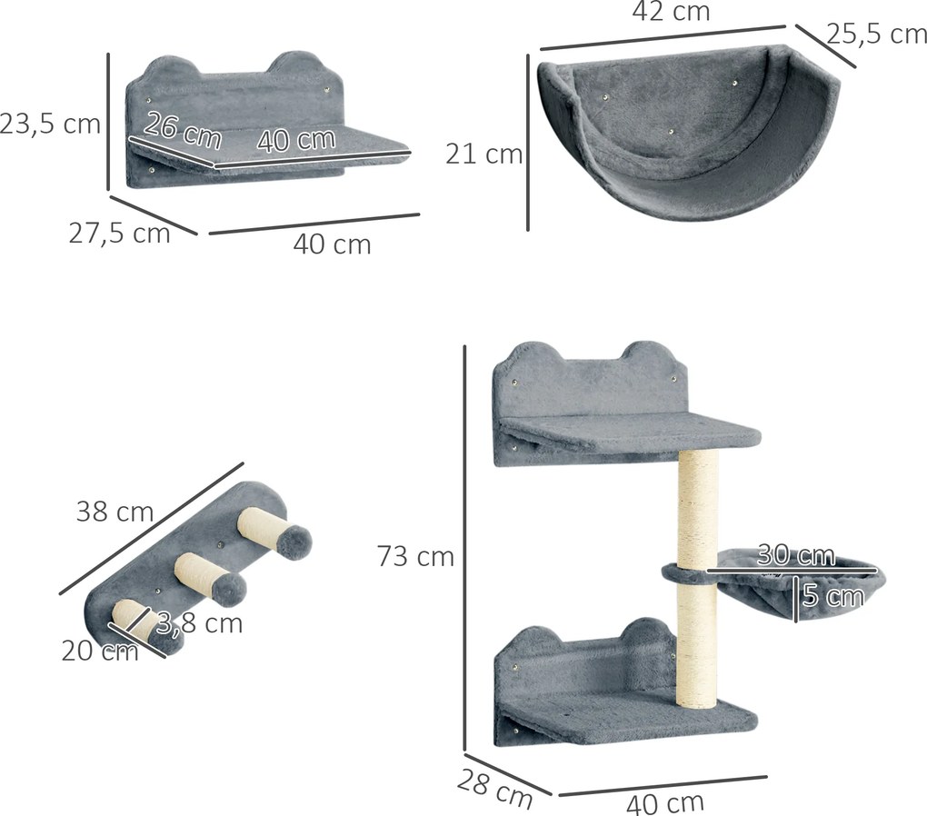 Prateleiras de Parede para Gatos 4 Peças com Rede Plataforma Semicircular Plataformas de Salto e Poste de Sisal Cinza
