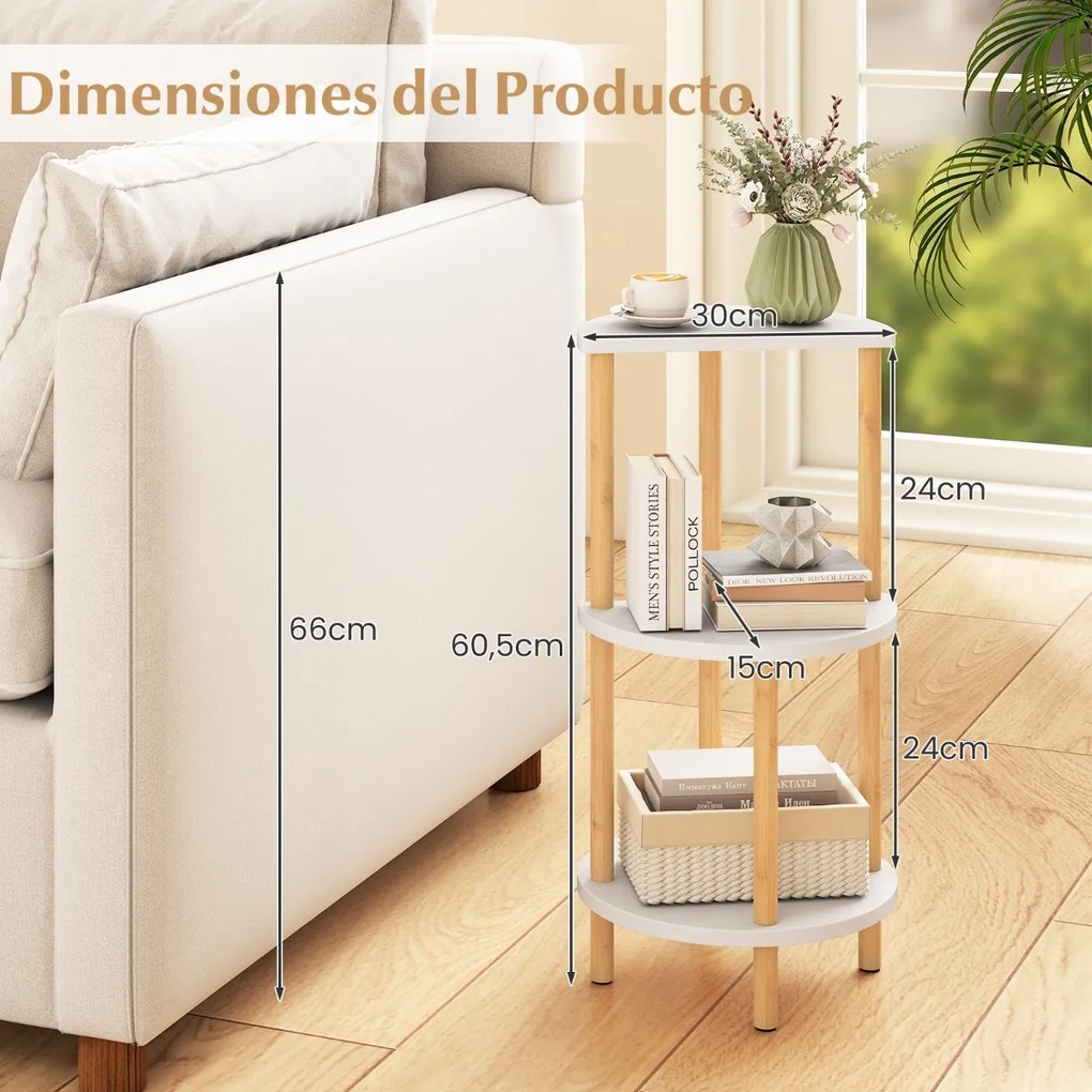Conjunto de 2 mesas apoio redondas de bambu com 3 níveis e prateleiras de arrumação, para colocar na sala e no quarto, Branco + natural