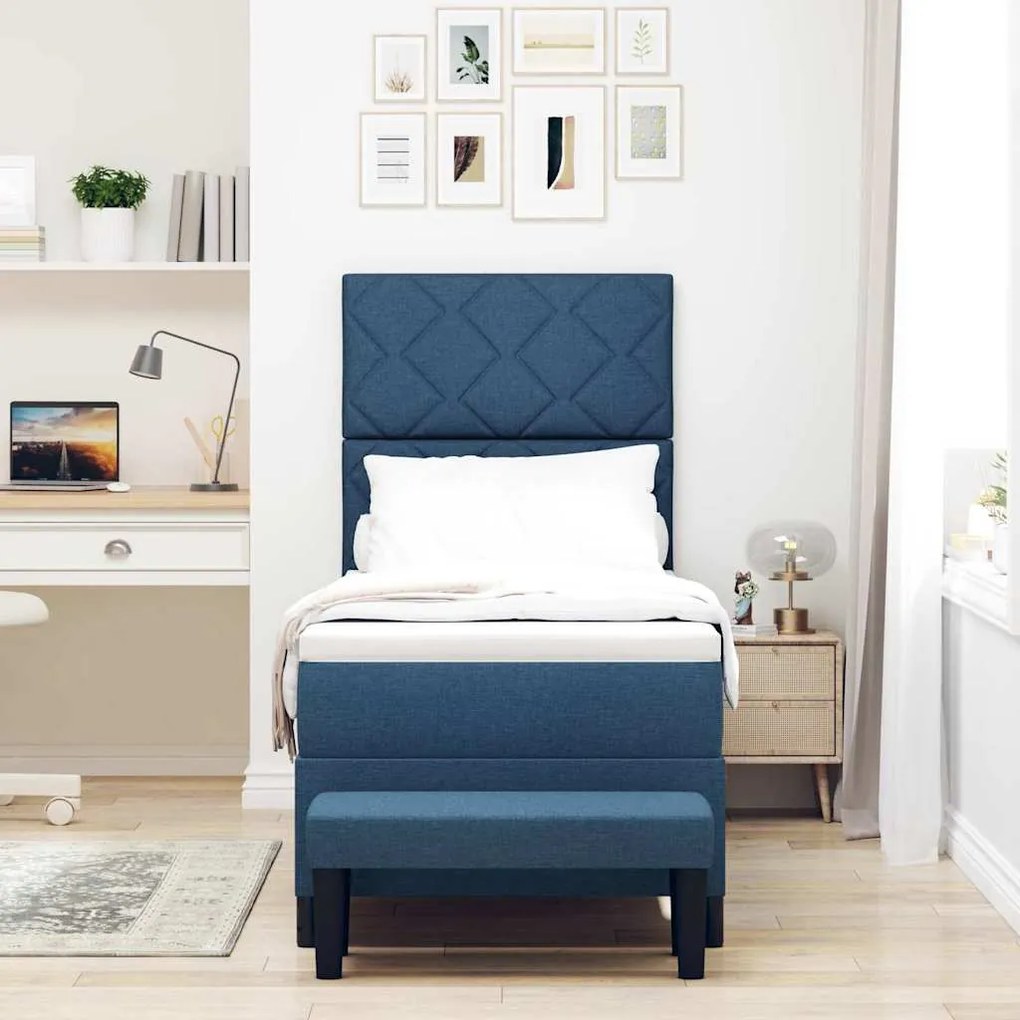 Cama Box Spring com Colchão &amp; Banco Azul 80x200 cm Tecido