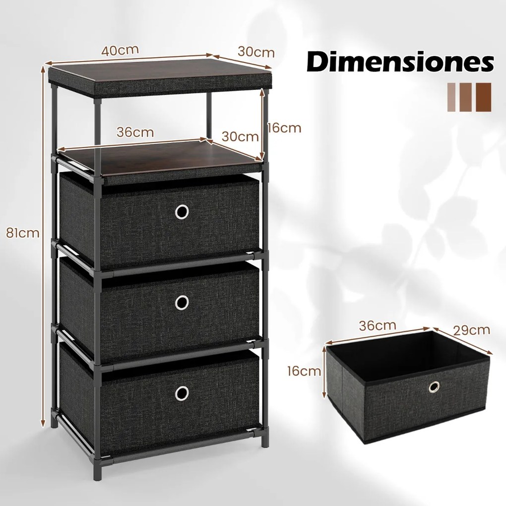 Cómoda com  3 gavetas gavetas de tecido 40 x 30 x 81 cm com superfície de madeira e estrutura metálica Castanho rústico e preto