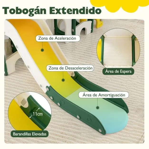 Conjunto de escorrega para crianças 10 em 1 Escalador com quadro magnético Telescópio Lançamento de aros Cesto Túnel Corredor amarelo