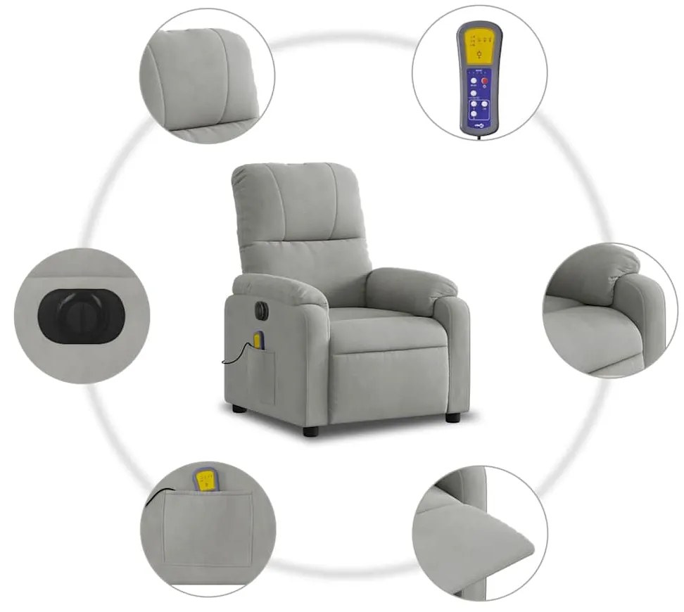 Poltrona massagens reclinável elétrica microfibra cinza-claro