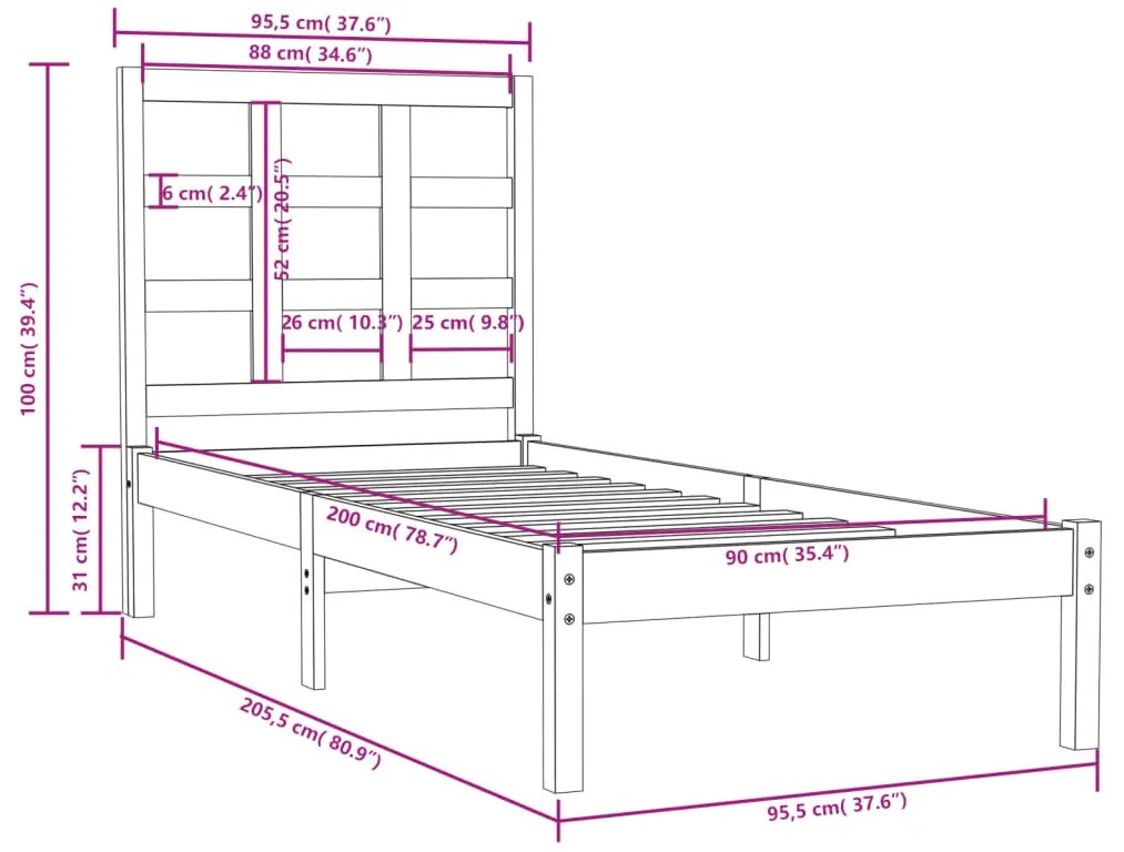 Estrutura de cama 90x200 cm madeira maciça