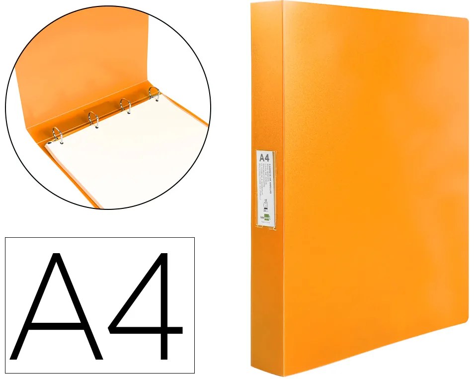 Pasta 4 Argolas 25 mm Mistos Polipropileno Din A4 Laranja Fluor Opaco