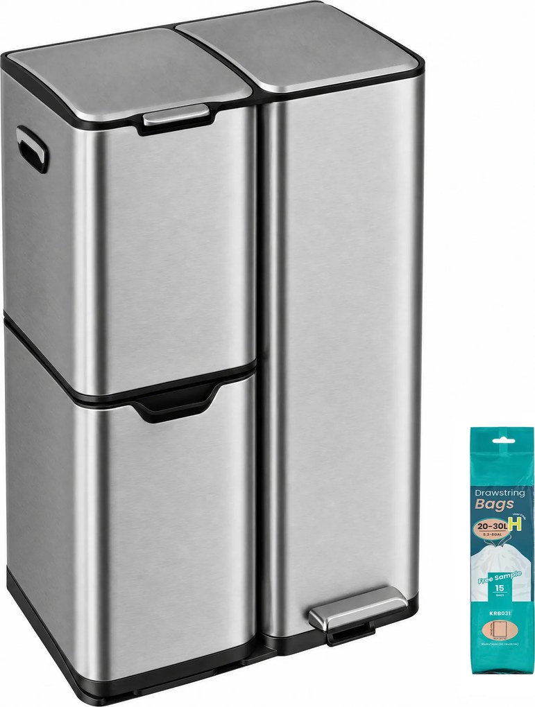 Caixote do lixo de cozinha com pedal e 3 compartimentos, 60 L, 46,7 x 39 x 71,9 cm, prateado
