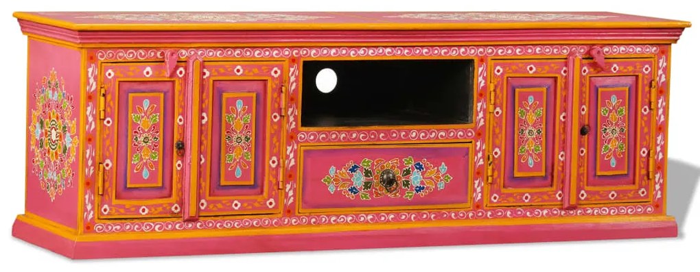 vidaXL Armário TV madeira mangueira maciça rosa, pintado à mão