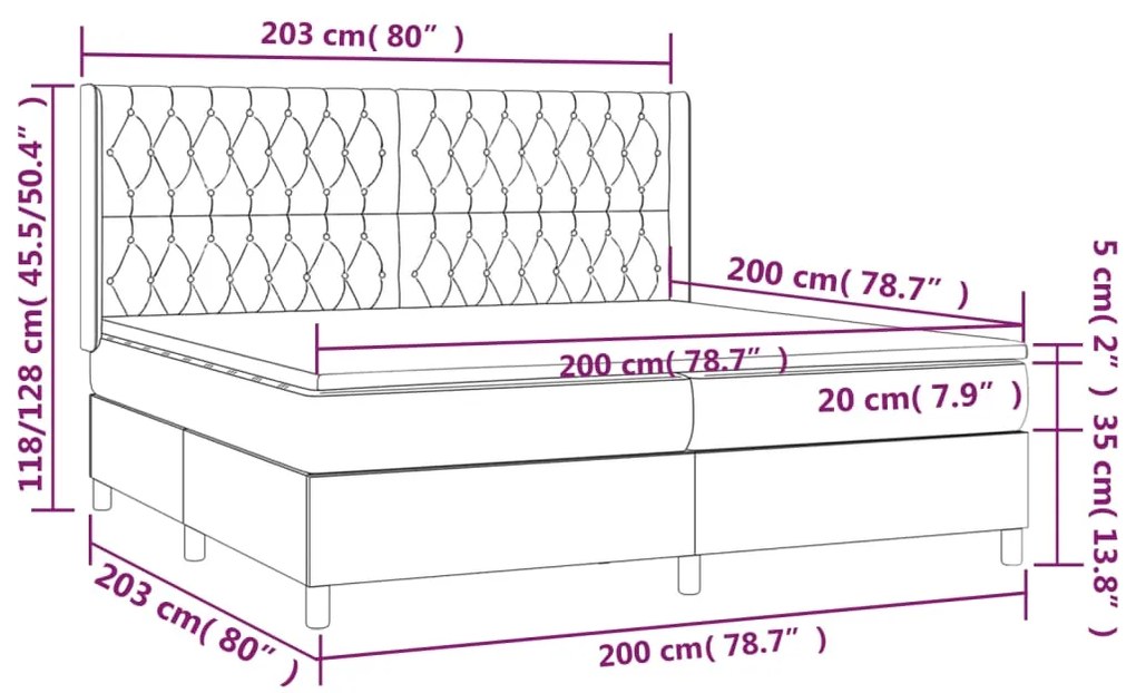Cama box spring c/ colchão/LED 200x200 cm veludo rosa