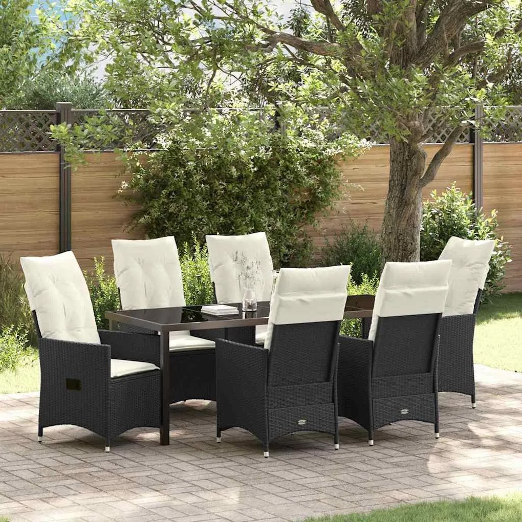 vidaXL Conjunto de Jantar para o Jardim 7 Peças com Almofadas em Rattan e Poliéster Preto