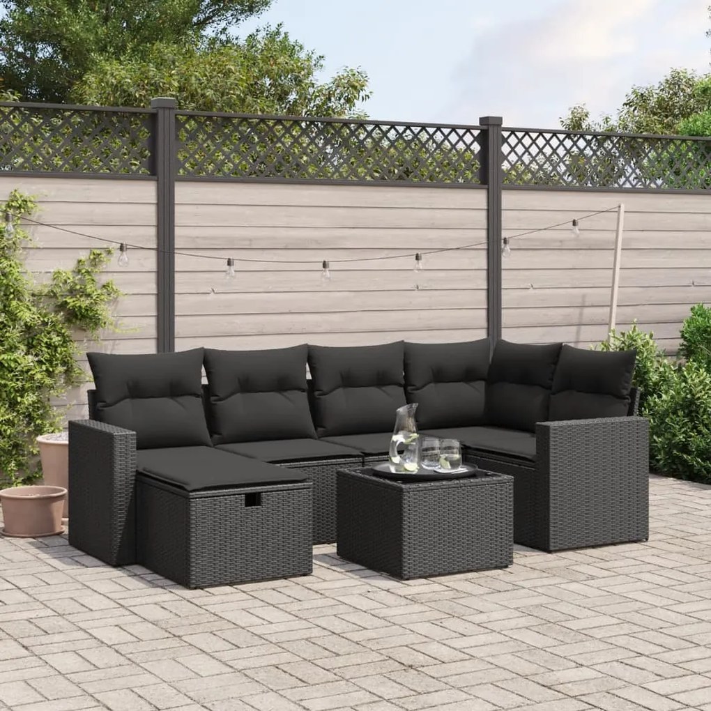 7 pcs conjunto de sofás p/ jardim c/ almofadões vime PE preto