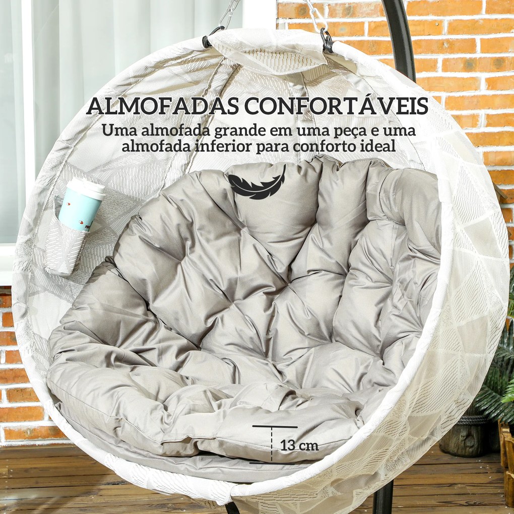 Cadeira Suspensa com Suporte Cesto Dobrável de Malha Dupla com Almofada e Apoio para Copos 106x114x178 cm Areia e Preto