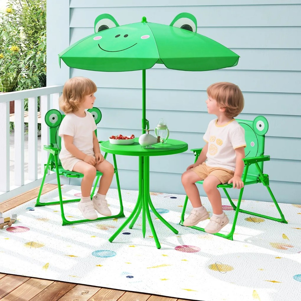 Conjunto de piquenique para Crianças 3-6 anos Mesa de atividades ao ar livre com 2 cadeiras dobráveis e guarda-sol ajustável em altura Verde