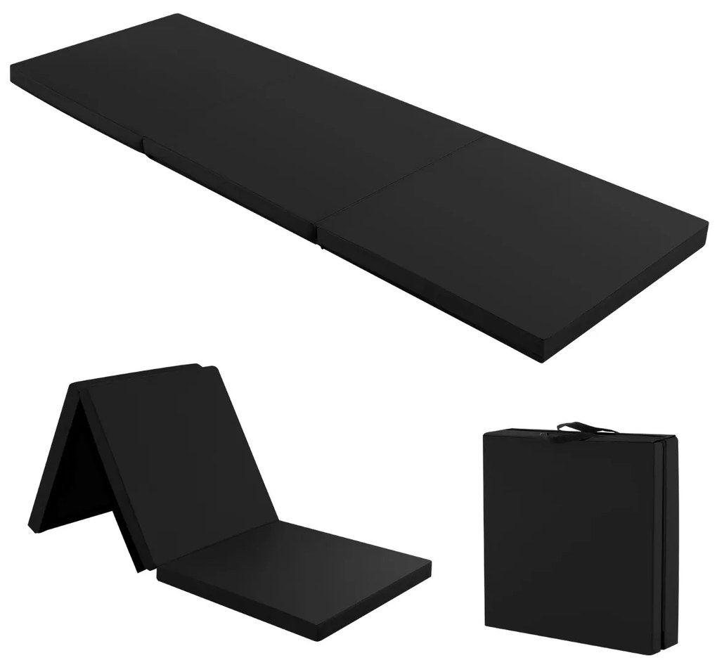 Tapete de exercícios portátil, leve e dobrável de 3 painéis com 2 pegas Ginástica compacta com enchimento de espuma EPE 180 x 60 x 5 cm Preto
