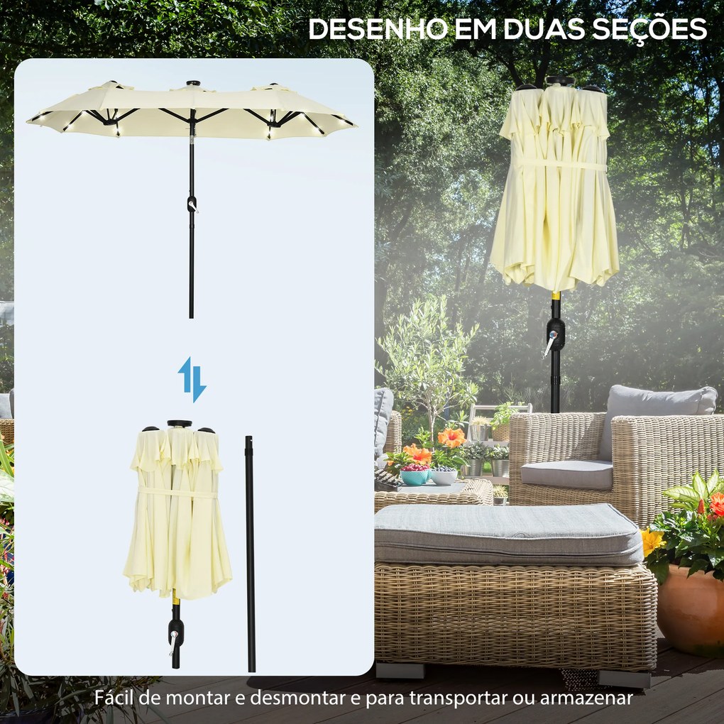 Outsunny Chapéu de Sol Duplo com Luzes LED 280x146x227cm Chapéu de Sol de Jardim com Inclinação de 45° Manivela Estrutura de Aço para Pátio Varanda Piscina Bege