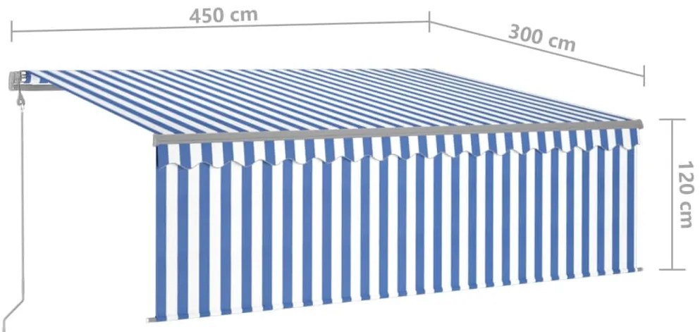 Toldo automático c/ estore/LED/sensor vento 4,5x3 m azul/branco