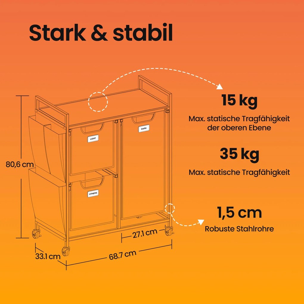 Cesto para roupa suja com 3 compartimentos dois cestos de 25 L e um de 50 L castanho + preto + cinzento