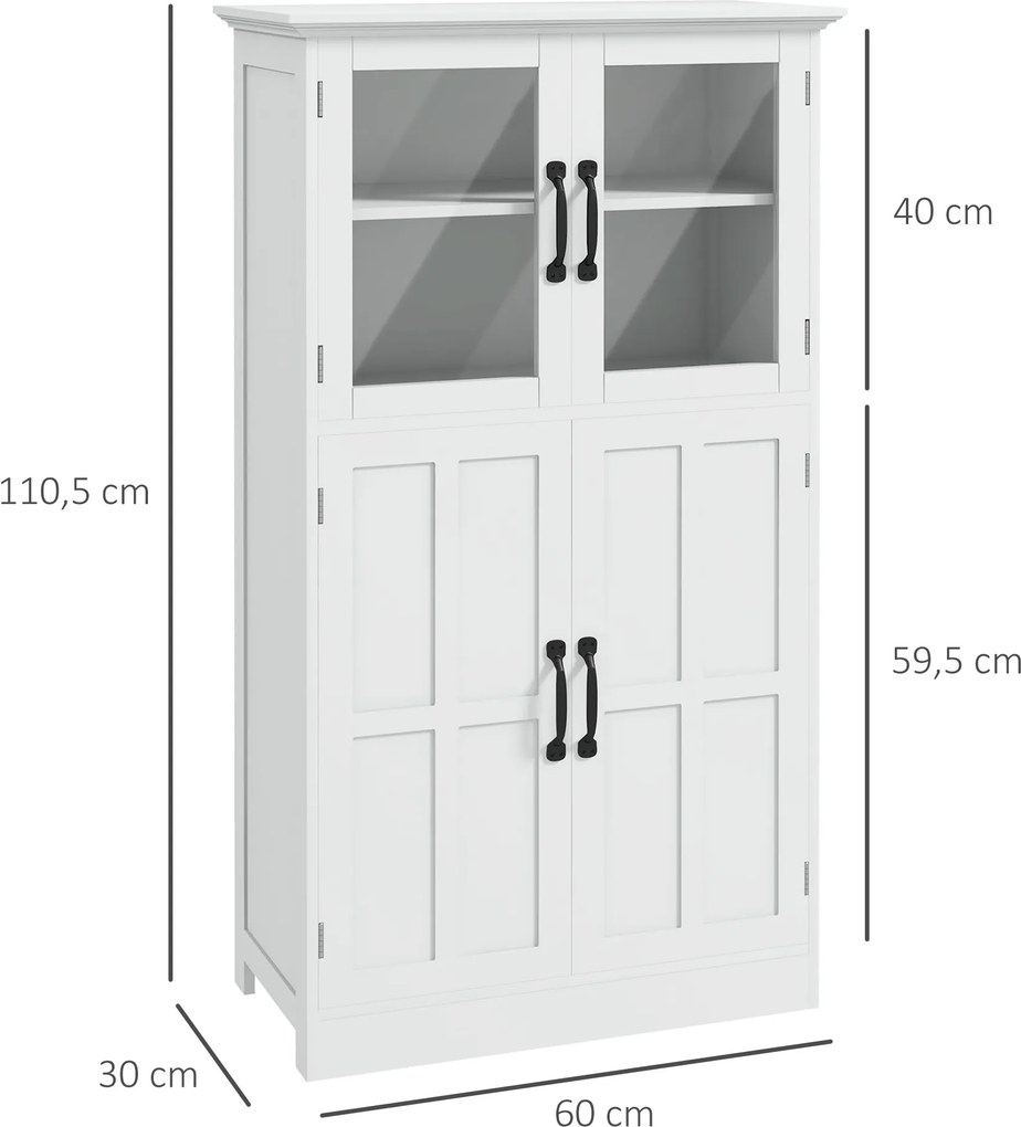 Aparador de cozinha com armário de arrumação múltipla, 2 portas, portas de vidro e 4 prateleiras em madeira branca