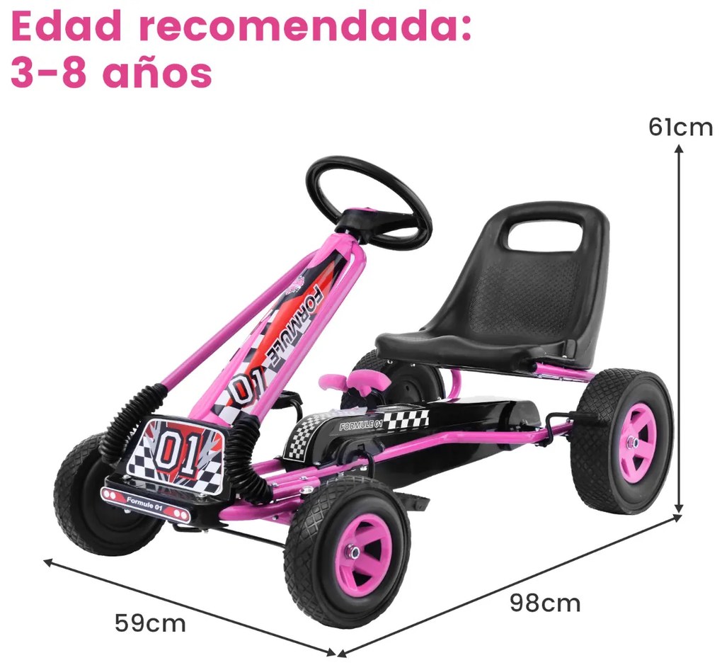 Carro de pedais para crianças de corrida de kart com rodas de borracha, embreagem e travão 98 x 59 x 61 cm rosa