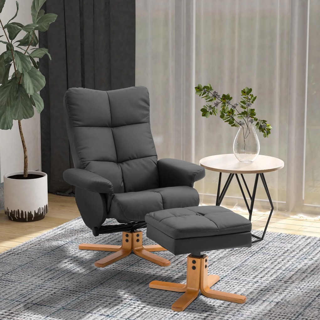 Poltrona relax reclinável, poltrona de sala com apoio para os pés, pufe, compartimento de arrumação e revestimento sintético na cor preta