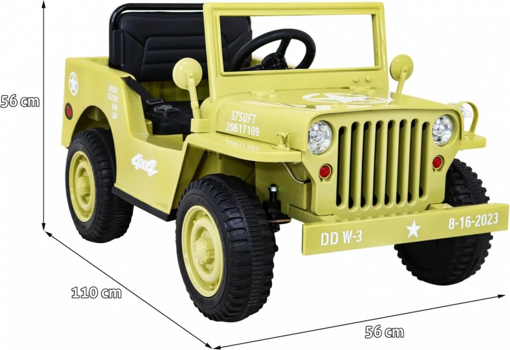 Jipe Militar elétrico para Crianças Retro Military, 12V 4x4, Rodas Espuma EVA, assento couro ecológico Bege
