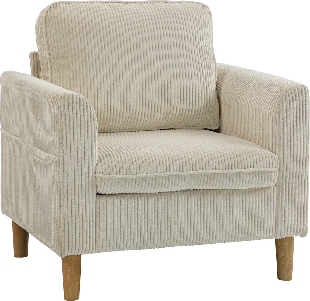 HOMCOM Poltrona de Sala em Veludo Cotelê Poltrona 1 Lugar Estofada com Assento Largo e Almofada com Molas 83x74x87 cm Bege | Aosom Portugal