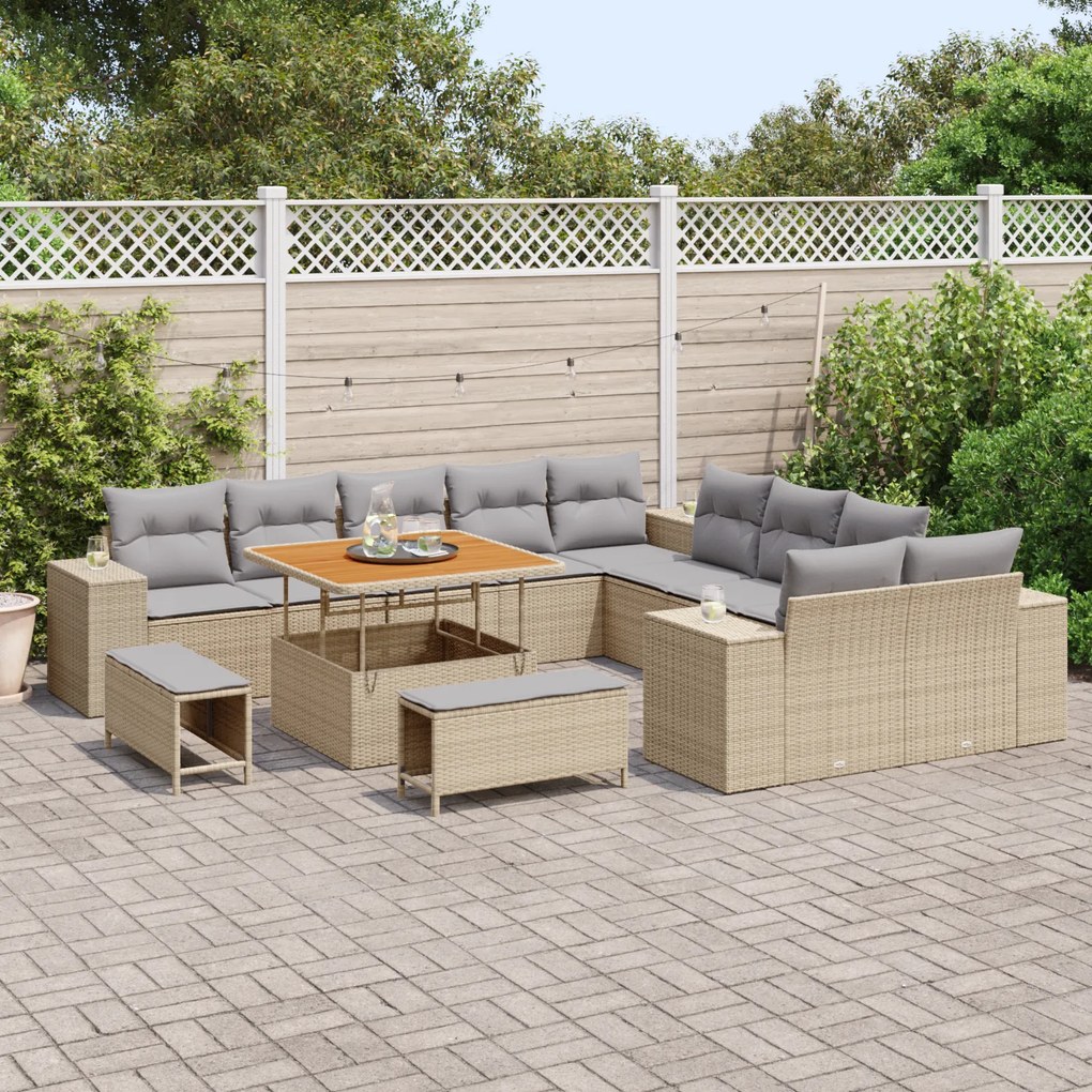 Conjunto de Sofá de Jardim vidaXL de 13 Peças com Almofadas Bege Vime