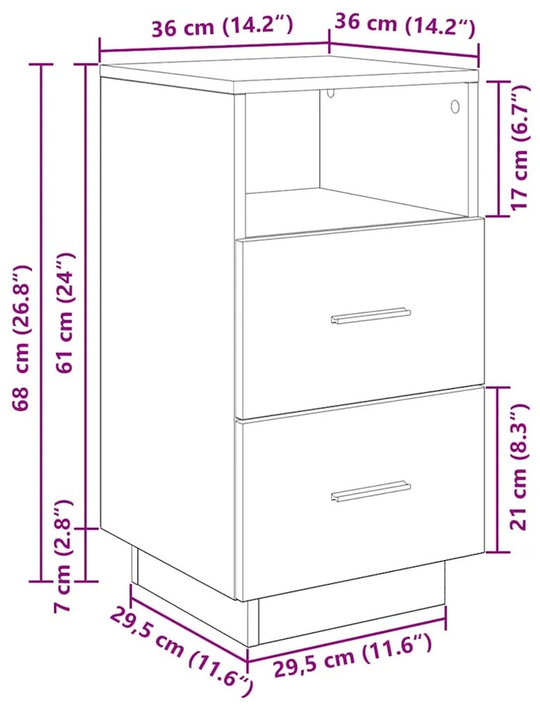 Mesa de cabeceira com 2 gavetas 36x36x68 cm carvalho fumado