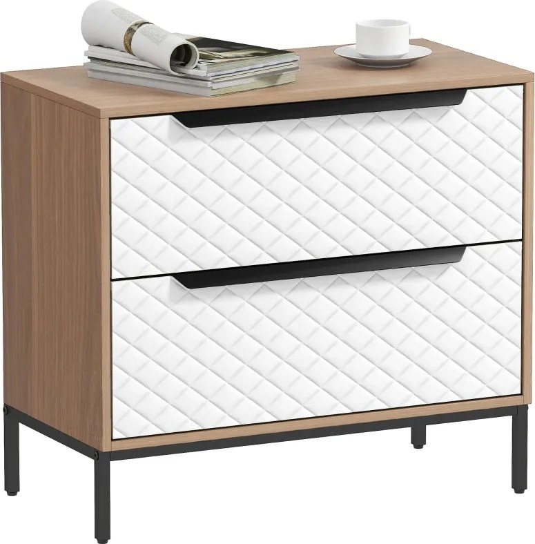 Cómoda com 2 Gavetas de Tecido Frentes com Padrão de Diamante 59,5x30x54 cm Móvel de Arrumação Madeira e Branco