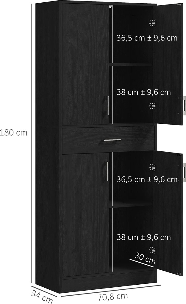 Armário de cozinha alto com 4 portas 70,8 L x 34 P x 180 A cm, 2 compartimentos e 1 gaveta central, altura de 180 cm, com 2 prateleiras ajustáveis, pr