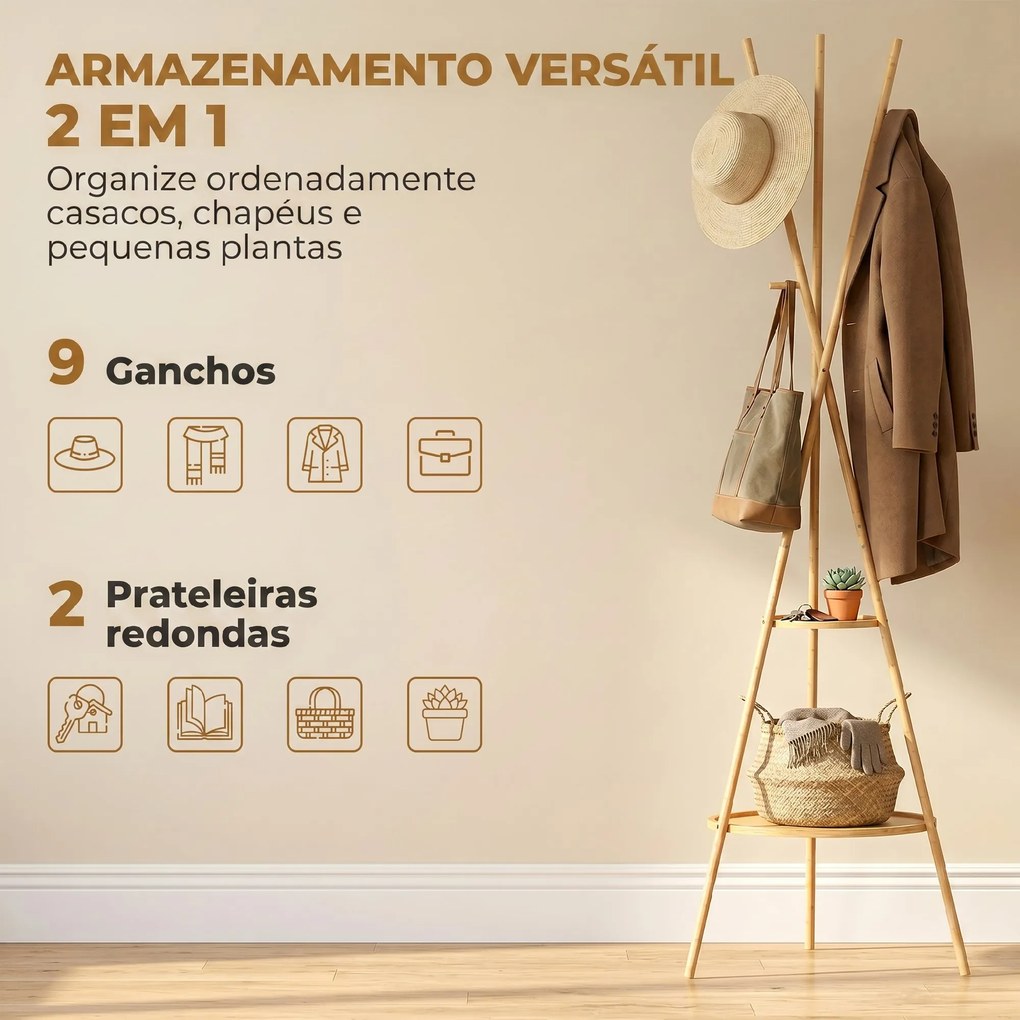 Cabide de Pé em Bambu Cabide para Roupas com 2 Prateleiras e 9 Ganchos Design Elegante 58,5x58,5x176 cm Madeira