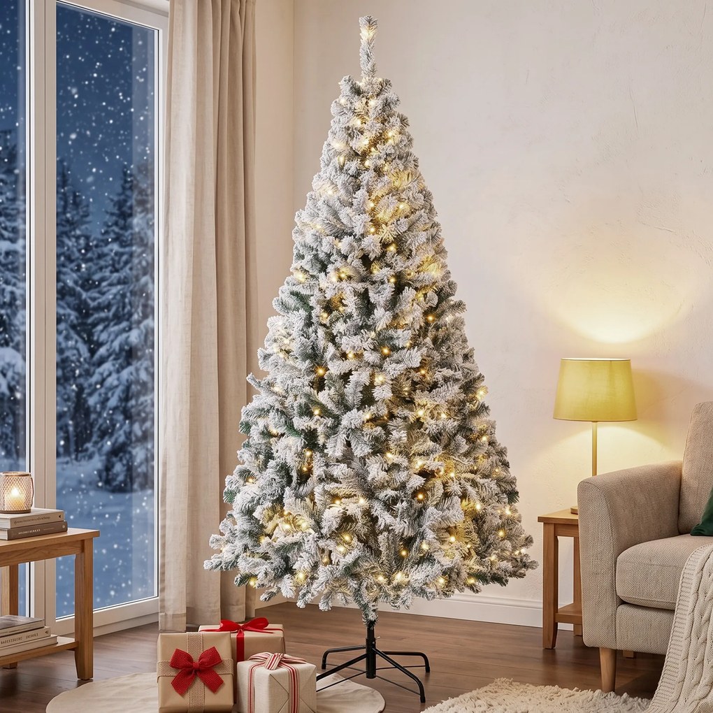 Árvore de Natal nevada com luzes LED 200 cm, abeto Fraser, ramos articulados, base metálica dobrável, verde e branco