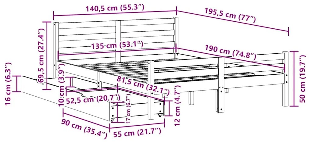 Cama sem colchão 135x190 cm madeira de pinho maciça