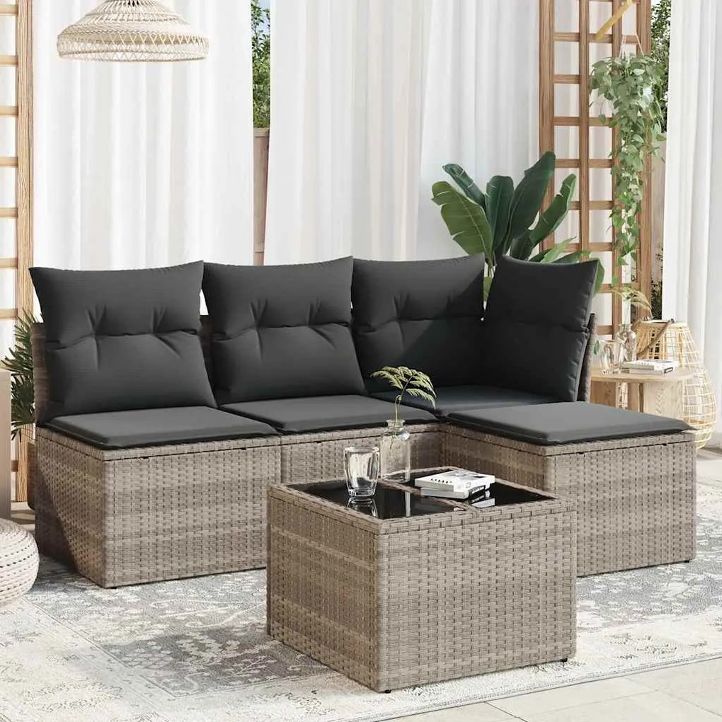 vidaXL 5 pcs conj. sofás jardim c/ almofadões vime PE cinzento-claro