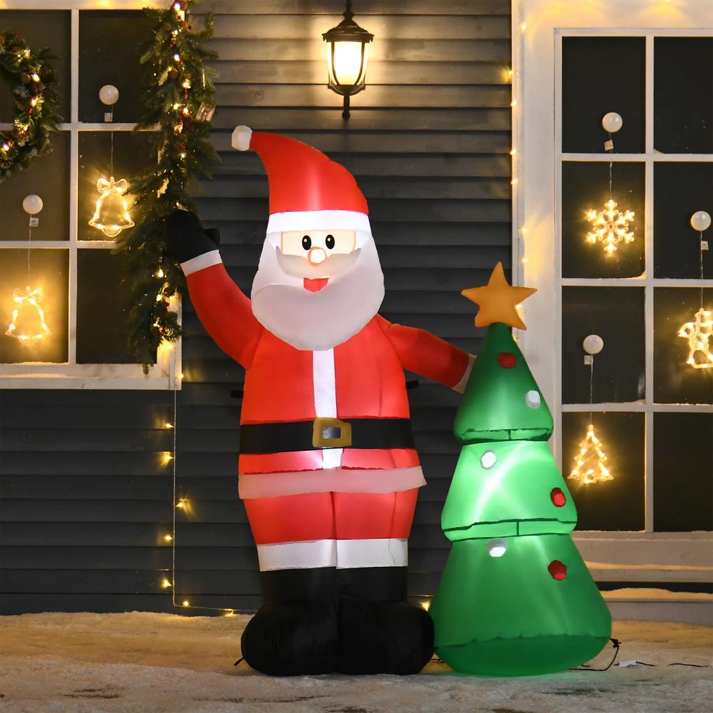 HOMCOM Pai Natal Inflável com Árvore de Natal com 3 Luzes LED e Inflador Elétrico Decoração de Natal para Exteriores Interiores 124x62x150cm Multicor