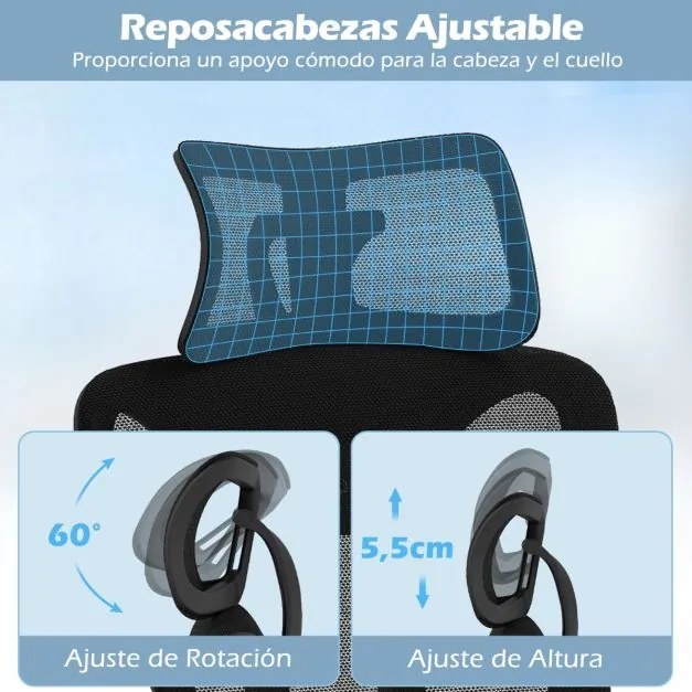 Cadeira de escritório em malha com encosto ajustável em 3 níveis, almofada lombar e apoio para a cabeça, braços, 70 x 68 x 116-124 cm, preta