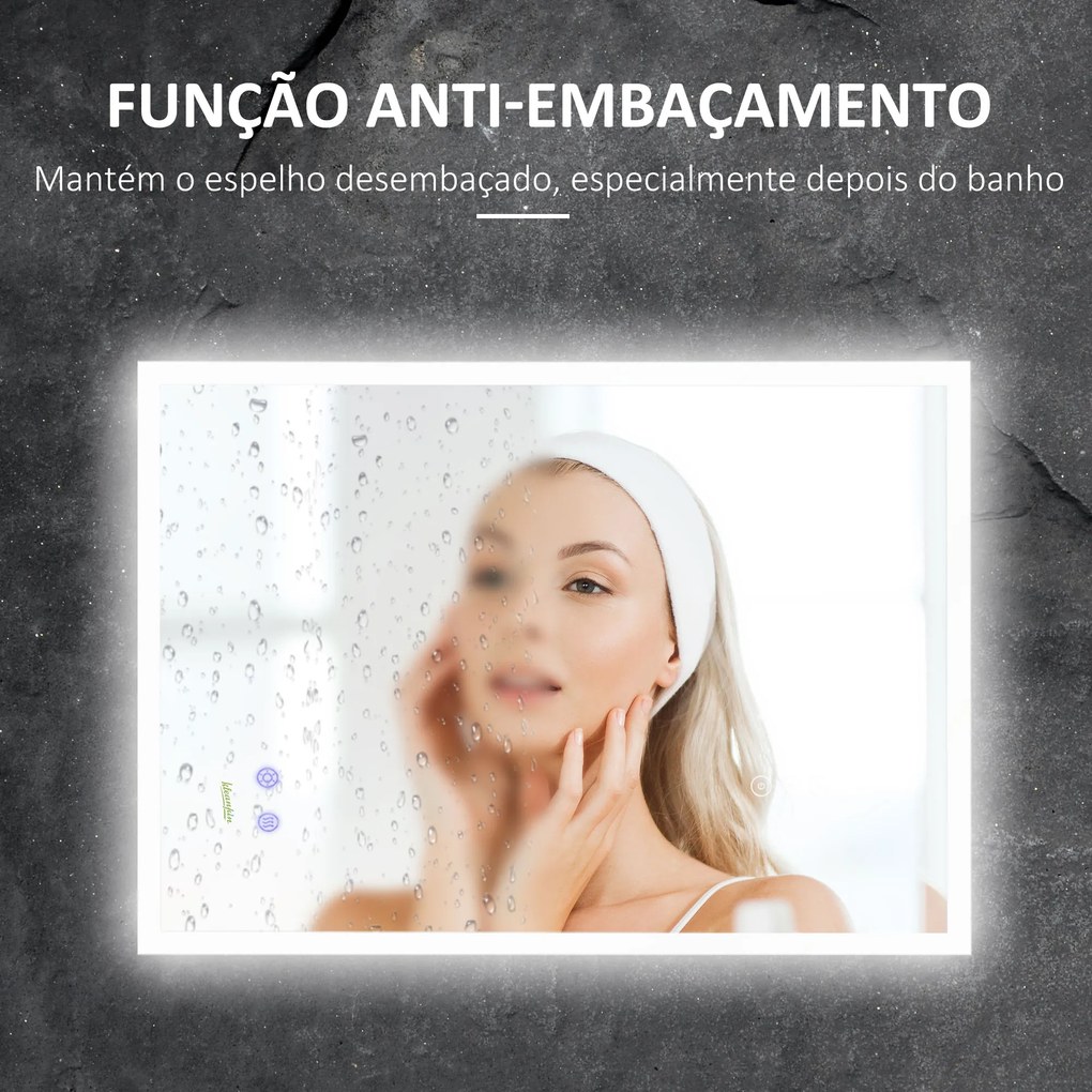 Espelho Casa de Banho com Luz LED Espelho de Parede com Iluminação 70x50cm Interruptor Tátil 3 Luzes Ajustáveis Função Anti-Embaciamento e Estrutura d