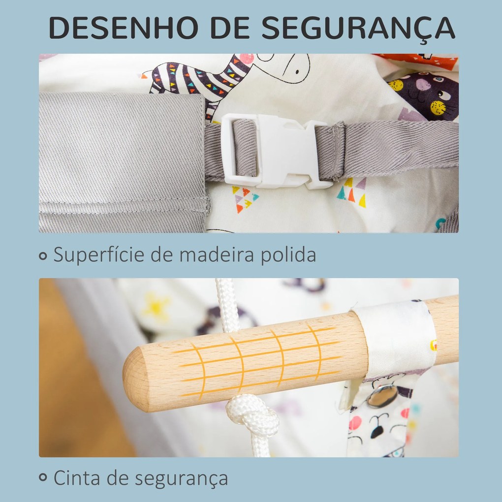 Baloiço para Bebé Baloiço de Madeira Infantil com Altura Ajustável Almofada Acolchoada e Cinto de Segurança para Interior e Exterior Carga Máxima 80kg