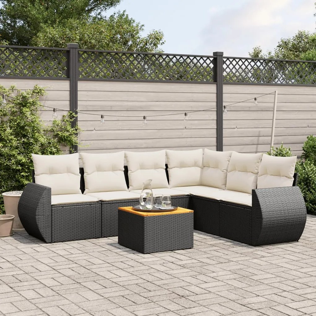 7 pcs conjunto de sofás p/ jardim c/ almofadões vime PE preto