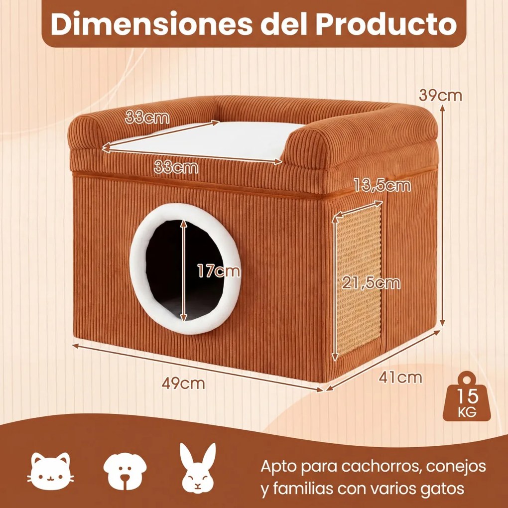Cama para gatos de interior 49 x 41 x 39 cm - Grande caverna para gatos com condomínio, tapete de sisal para arranhar e almofada - castanha