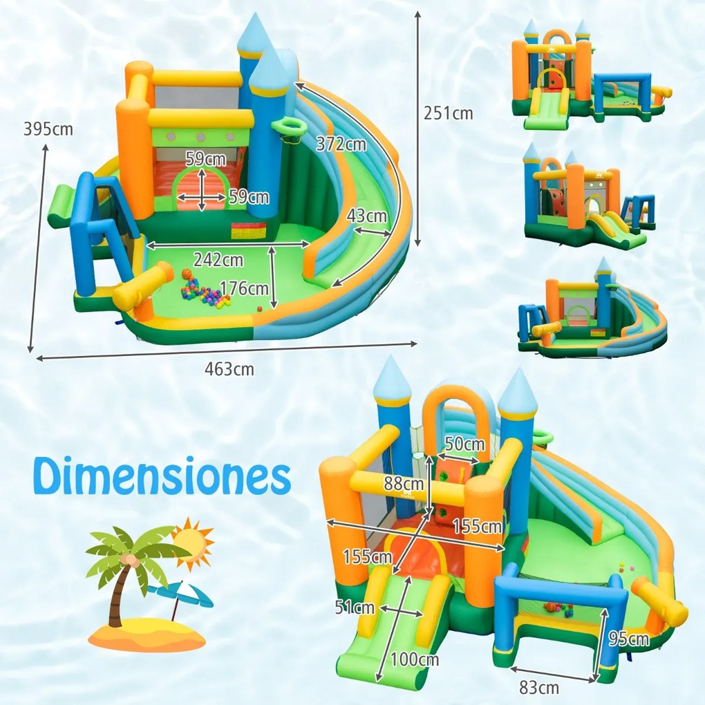 Parque aquático Castelo insuflável (SEM SOPRADOR) para crianças de 3 a 10 anos com escorregas duplos, piscina infantil, parede de escalada, canhão de