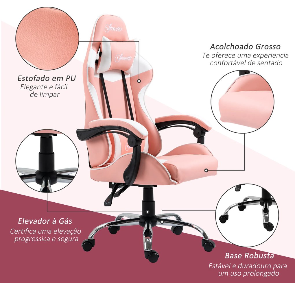 Vinsetto Cadeira Gaming Ergonômica Cadeira para Videojogos Reclinável com Altura Ajustável Apoio para a Cabeça e Almofada Lombar 63x67x122-130cm Rosa e Branco