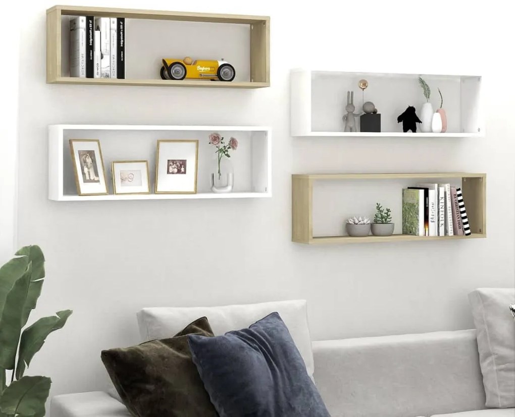 vidaXL Estantes parede cúbicas 4pcs contr. 80x15x26,5 cm branco/sonoma
