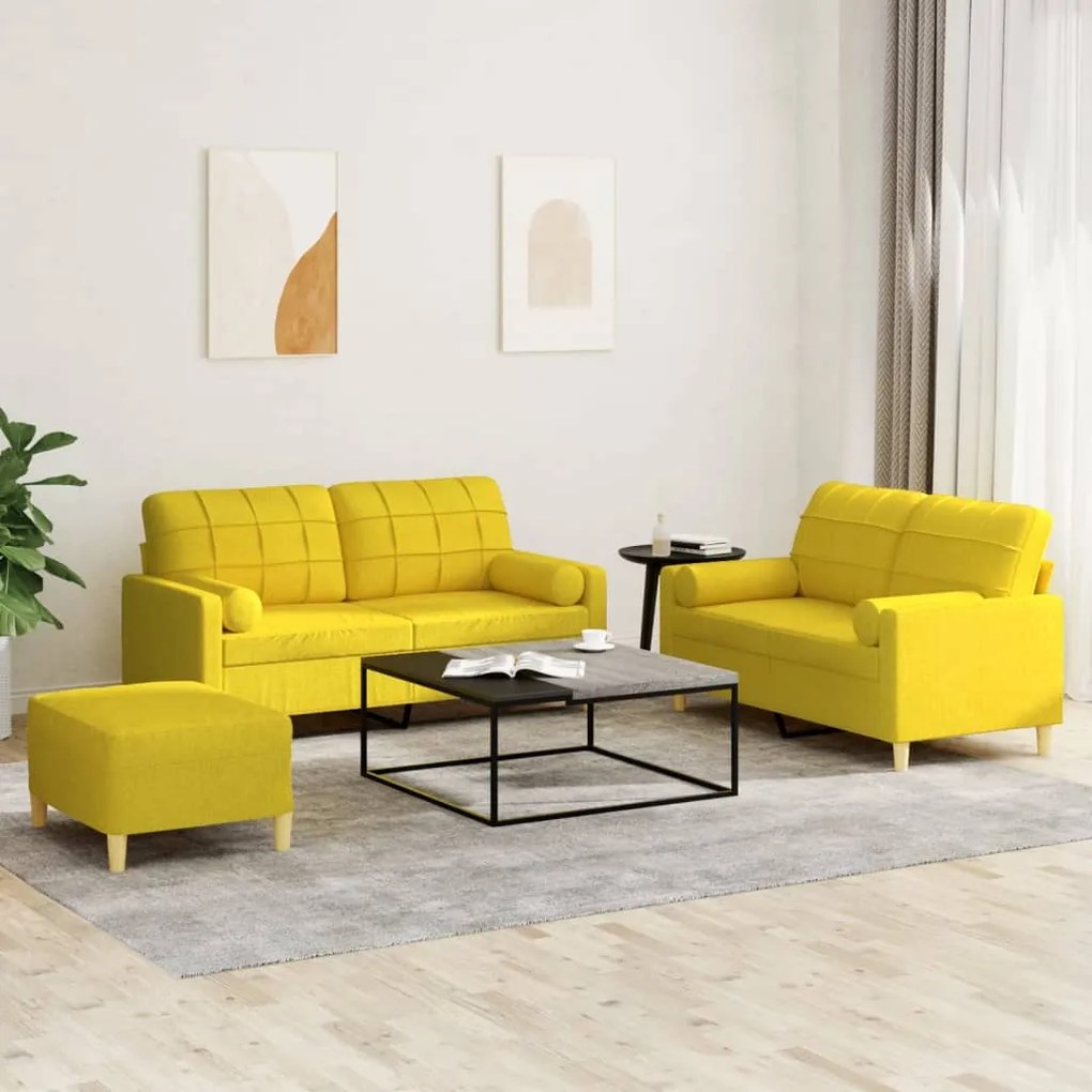 3 pcs conjunto de sofás com almofadas tecido amarelo-claro