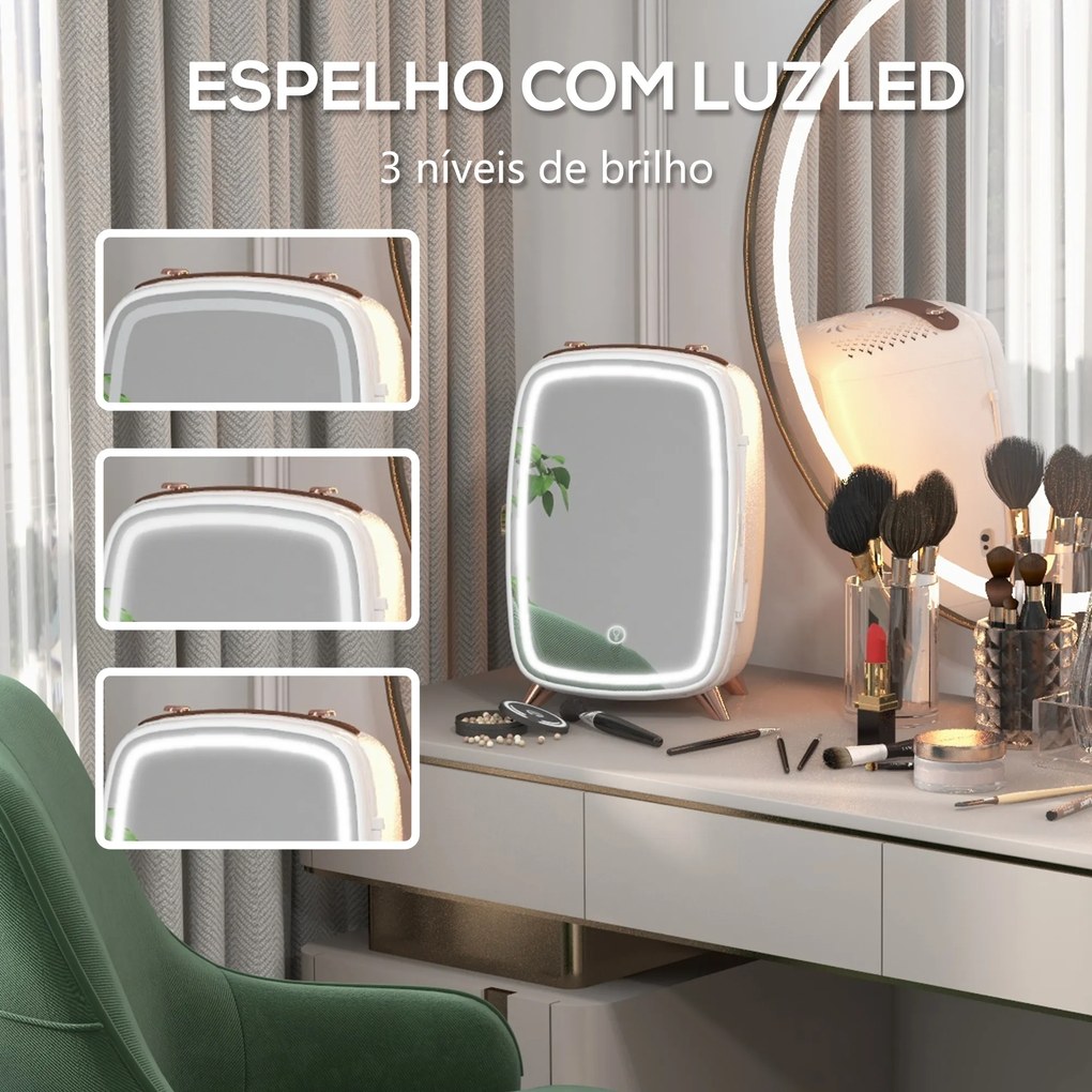 Mini Frigorífico de Cosméticos 6L de 9V com Porta com Espelho e Luz LED Ajustável em 3 Níveis 24,3x19,4x35,6 cm Branco